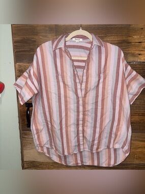 Madewell Relaxed Striped Button-Front Shirt - Pink/Brown